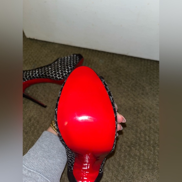 Christian Louboutin Black Mesh Peep Toe Heels with the signature Red Soles - Picture 8 of 8